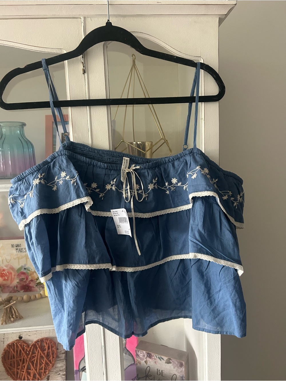 American Eagle Outfitters Blue Embroidered Ruffle Camisole